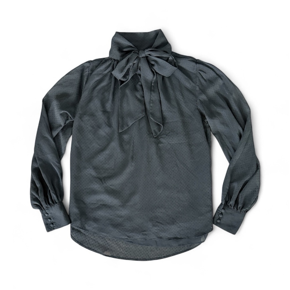 H&M Black Satin Tie-Neck Blouse Size 2 / EUR 34 / Sheer Dot Detail